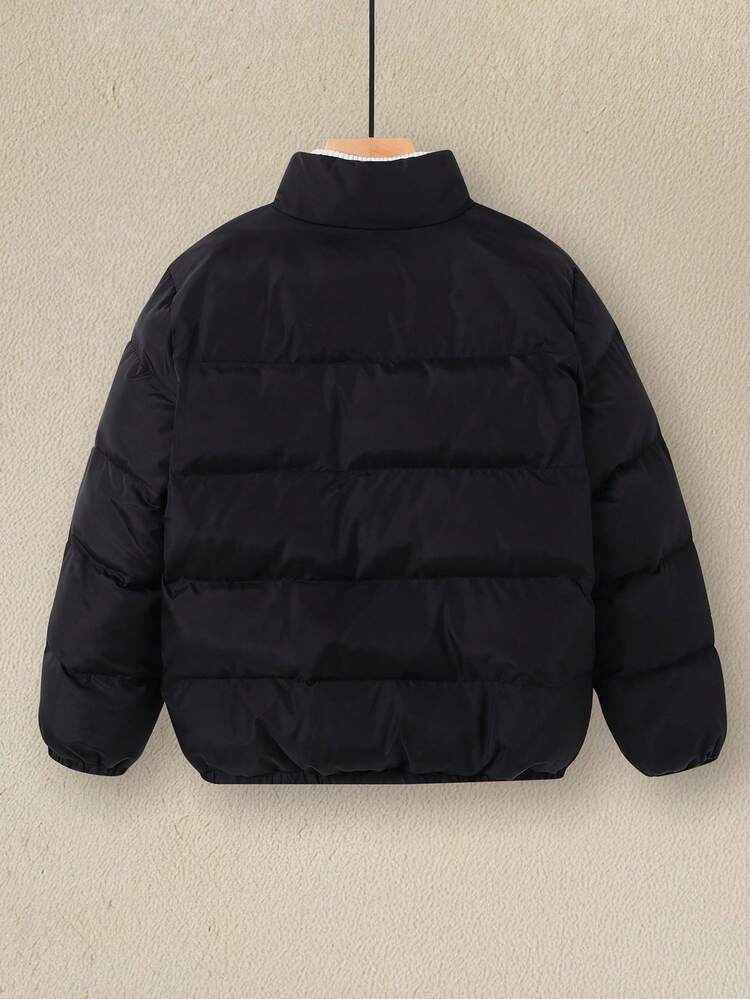 1 Piece Tween Boy Leisure Sports College Literary Retro With Grab Velvet Lining Mid-Length Padded Coat,Suitable For Daily Use,Sports,In Fall/Winter - Black - View 3