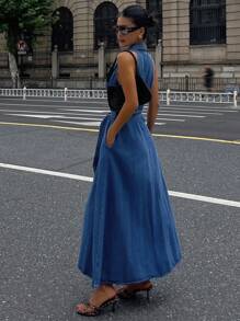 DAZY 女士休闲水洗牛仔无袖系带领连衣裙 夏季女装连衣裙 - 中等水洗藍 - 查看 2