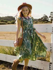 Tween Girl Vacation Style Round Neck Cap Sleeve Dress With Asymmetrical Hemline, Knee-Length - Green - View 8