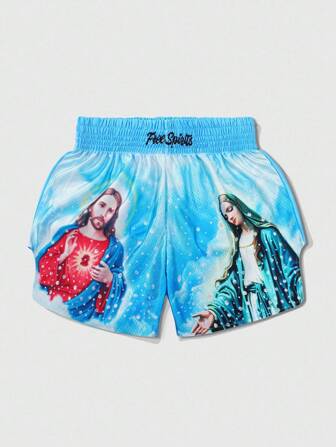 Street Life Pantaloncini da boxe da uomo con grafica di Gesù e Vergine Maria, in stile urban