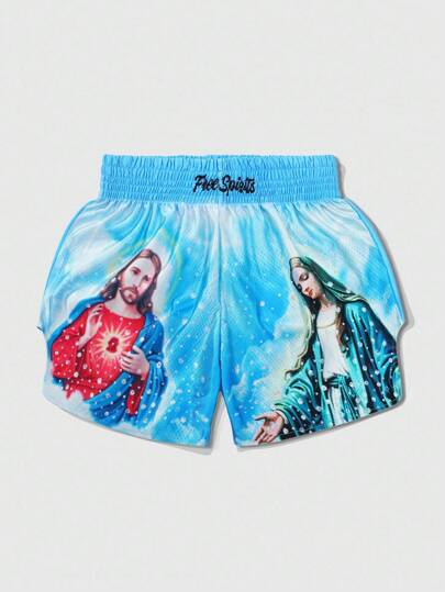 Street Life Pantaloncini da boxe da uomo con grafica di Gesù e Vergine Maria, in stile urban