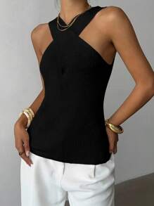 Elenzga Áo len dệt kim cổ chéo thiết kế tối giản, giản dị - màu đen - Xem 3