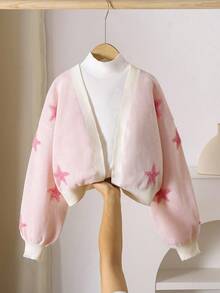 Tween Girls Cardigan Sweater, Starfish Jacquard Pattern, Pink, Suitable For Autumn, Winter, Spring, Layering With Skirts - Pink - View 2