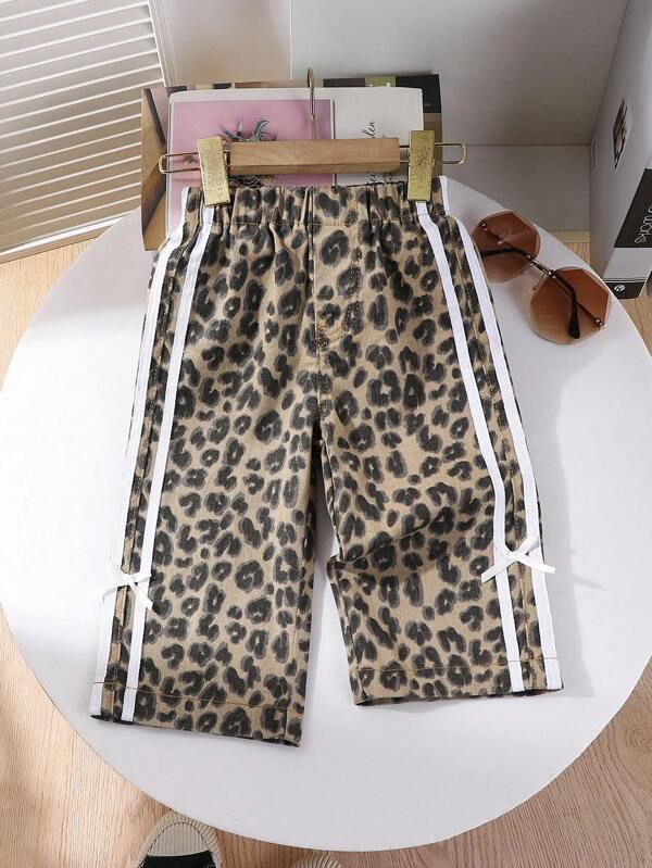Pantalon en jean polyvalent et décontracté pour bébé fille, avec taille élastique, nœud et imprimé léopard patte d'éléphant