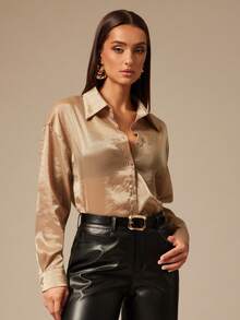 Silquee Camisa elegante de manga larga con botones delanteros de unicolor para oficina - Caqui - Ver 5