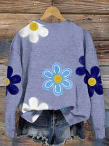 SHEIN LUNE 休闲可爱碎花图案圆领宽松女式卫衣，适合秋冬季节，休闲百搭 - 彩色 - 查看 2