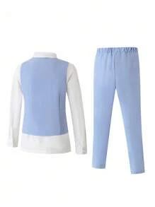 SHEIN 2pcs Tween Boys' Slim Fit Wedding/Formal Event Piano Performance Vest & Pants Suit Set, Spring/Summer, School, Campus, College Fall Winter - Blue - View 2