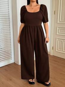SHEIN EZwear Plus Size Women's Solid Color Puff Sleeve Loose Casual Summer Jumpsuit Brown Jumpsuit Women Puff Sleeve Brown Jumpsuit Casual Jumpsuits For Women - Brown - View 2