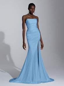 Elitara Váy cưới satin xẻ tà cao thanh lịch, không dây màu trơn dành cho nữ - Màu xanh nhạt - Xem 5