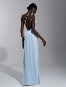 SHEIN Belle Elegant, Romantic, Sexy, Minimalist, Light Yellow, Satin, Stretchy, Backless, Ruffle Hem, Bodycon, High Slit, Fashionable, Influencer Style, Suitable For Holidays, Vacation, Birthday Party, Wedding, Bridesmaid Dress - Baby Blue - View 2