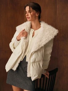 MOTF PREMIUM ÁO KHOÁC MÙA ĐÔNG CÓ THẮT LƯNG LÔNG GIẢ TƯƠNG PHẢN - trắng - Xem 9