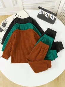 SHEIN 6pcs/Set Toddler Boys' Knitted Crew Neck Long Sleeve Sweater And Pants Set,All Shades Of Brown,Autumn,Casual,Family Matching Textured Fuzzy Outfits - Multicolor - View 2