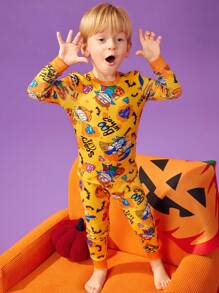 Nick 90s | SHEIN Young Boy Cartoon Graphic Halloween Round Neck Long Sleeve & Long Pants Comfortable Skin-Friendly 2pcs Pajama Set - Multicolor - View 1