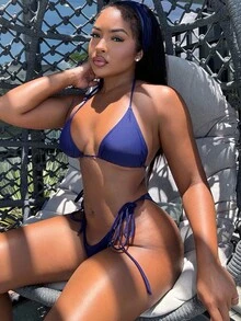 Alexandranx Summer Beach Plain Halter Bikini - Navy Blue - View 6