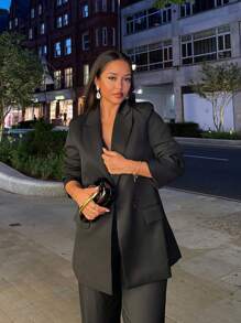 NegzBox Blazer informal de solapa doble botonadura con cuello - Negro - Ver 1