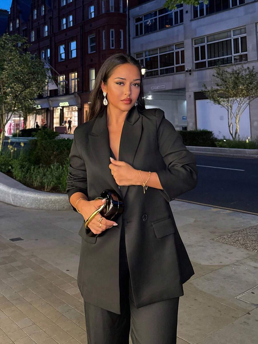 NegzBox Blazer informal de solapa doble botonadura con cuello - Negro - Ver 1