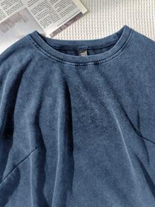 SHEIN EZwear Plus Size Washed Cotton Snowflake Short Sleeve T-Shirt, Navy Blue, Spring Women Denim Tops Baggy Crop Top