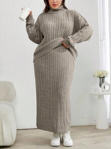 EURMUSE Cable Knit Turtleneck Sweater And Skirt Two Pieces Set - Mocha Brown - View 4