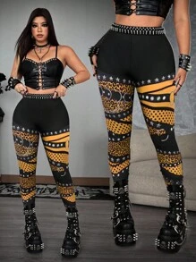 SHEIN Whyspr 加大码女式朋克仿数码豹纹长款吊带背心 - 黃色 - 查看 1