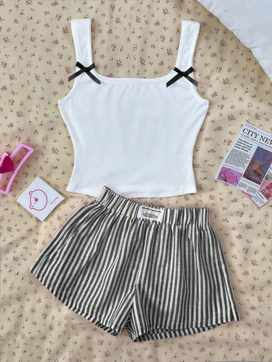 SHEIN Teen Girls Cute/Sweet, Clean Girl Black & White Bow Ribbed Camisole, Striped Shorts Set/Back-To-School Outfit, Cute, Holiday Family Outdoor Spring Picnic Everyday Wear, Suitable For Various Occasions Teen Summer Clothes Set Girls Ribbed Set Cute Sets Teen Girl Short Sets With Tank Top 2 Piece Short Set - Black and White - View 1