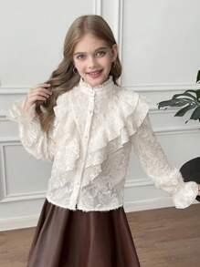 SHEIN بلوزة أنيقة وناعمة بأكمام واسعة مزخرفة بالجاكار ذات طوق عالي مع كشكشة، لون المشمش، مناسبة للارتداء اليومي والعودة للمدرسة - لون مشمشي - مشاهدة 5