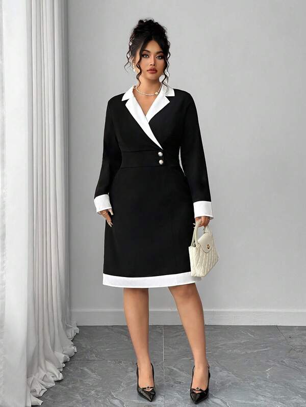 Elenzga 大码女式撞色翻领长袖优雅连衣裙