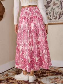 LanaWest Women's Boho Printed Drawstring Waist Long Skirt For Vacation And Daily Casual Wear, Spring/Summer