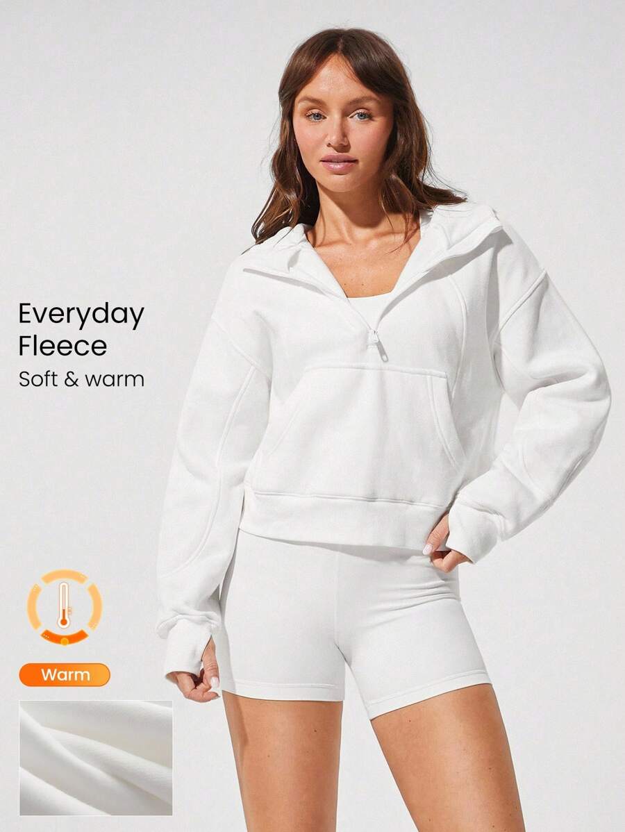 GLOWMODE Áo hoodie nửa khóa kéo cỡ lớn, giữ ấm, có túi lưới bên trong, lỗ xỏ ngón tay cái, mặc hàng ngày, thường ngày - trắng - Xem 1