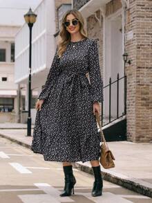 EMERY ROSE Ditsy Floral Keyhole Back Bishop Sleeve Ruffle Hem Belted Dress Maxi Women Outfit - Black - View 4