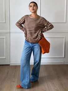 DAZY Women's Loose Striped Crew Neck Long Sleeve Casual Sweater, Spring/Autumn,Fall Women Clothes - Brown - View 5
