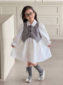SHEIN 甜美可爱，少女感编织灰色背心和长袖棉衬衫百褶裙套装，非常适合学校、返校季、白衬衫、连衣裙套装 - 白色 - 查看 6