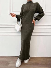 EURMUSE 女士休闲纯色长款修身针织连衣裙，秋冬 - 軍綠色 - 查看 4