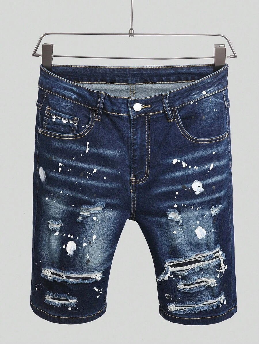 Manfinity Roughcore Quần short denim tối màu lấy cảm hứng từ phong cách Gothic dành cho nam với điểm nhấn rách và thiết kế táo bạo Quần short denim rách dành cho nam, phong cách Emo - Rửa tối - Xem 1