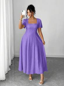 Elenzga Plus Size Women's Elegant French Style Square Neck Short Sleeve Dress, Suitable For Commuting - Purple - View 4