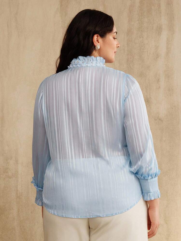Plus Size Women's Elegant Ruffle Beaded Long Sleeve Blouse