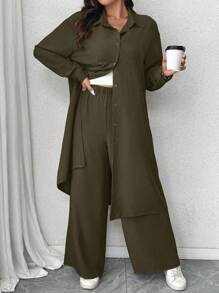 Linhara Woven Fabric Ruffle Suit Set For Women Featuring Long Pants And Collar Neckline Olive Green Outfit Women Women Pant Suit Set Plus Size Pant Suit Khaki Outfits For Women Modest Outfits For Women Fall Cloth For Women