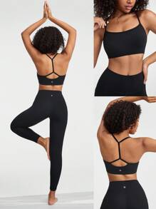 GLOWMODE FeatherFit™ T-Neck Racerback Twist Sports Bra Low Impact Yoga Daily - Black - View 7