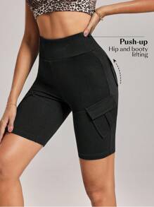 SHEIN FlexDen 女式松紧腰工装口袋紧身休闲牛仔短裤 - 黑色 - 查看 1