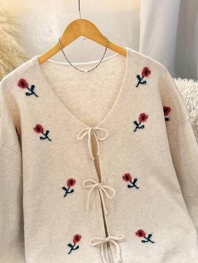 Modelyn 大码休闲碎花系带开衫，秋冬