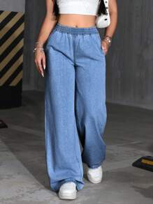 SHEIN PETITE 女士松紧腰直筒宽松休闲牛仔裤 - 淺色水洗藍 - 查看 1