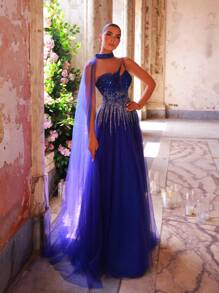 Glamrae Đầm Maxi cổ lệch vai thêu sequin ombre màu xanh navy thanh lịch & sang trọng với viền chân váy rộng & đuôi váy, đầm dạ hội trang trọng - Xanh đậm - Xem 7