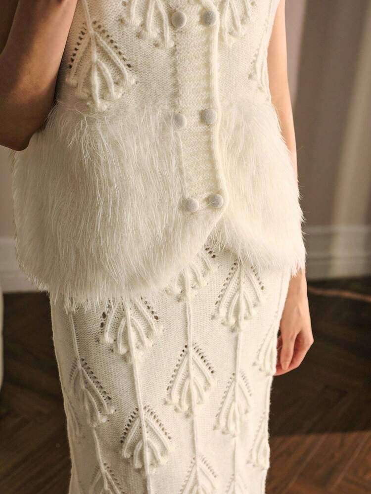 CONTRAST FAUX FUR WAISTCOAT & HOLLOW OUT SKIRT SWEATER CO-ORD