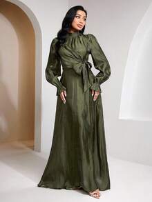 Veilorie 女士纯色立领长袖束腰优雅连衣裙 - 橄欖綠 - 查看 3