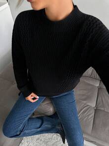 SHEIN Tall Suéter casual de malha canelada tamanho grande para mulheres, cor sólida - Preto - Ver 4