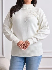 EURMUSE 大码休闲冬季花朵水钻闪亮细节舒适毛衣 - 杏色 - 查看 3