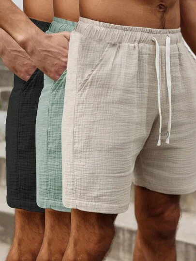 VENTUSAIL 3pcs/Set Men's Casual Solid Color Drawstring Waist 100% Cotton Shorts