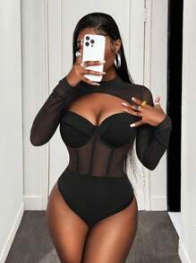 SHEIN X Scot Louie BamGleam 性感镂空钢圈胸罩杯半透明长袖女式紧身衣，秋季 - 黑色 - 查看 7