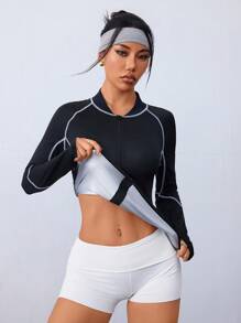 Gameset SHEIN Sport Summer Outdoor Running Fitness Training Sweat-Wicking Contrast Color Zipper Raglan Sleeve Sports Sweat Suit - Black - View 3