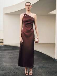 Uhlyne Robe longue élégante pour femmes, avec décoration métallique creuse en forme de larme, couleur unie évasée à la taille, pour occasions, automne