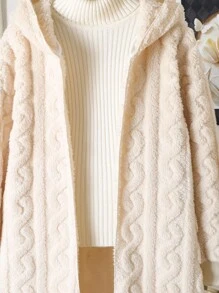 Sparklyn 青少年女孩休闲百搭百搭家居服和学校日常粗针织条纹毛绒领前开中长款秋冬夹克秋季 - 杏色 - 查看 6